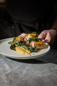 Chilli caramel, miso butternut purée, grilled choy sum, pickled pumpkin