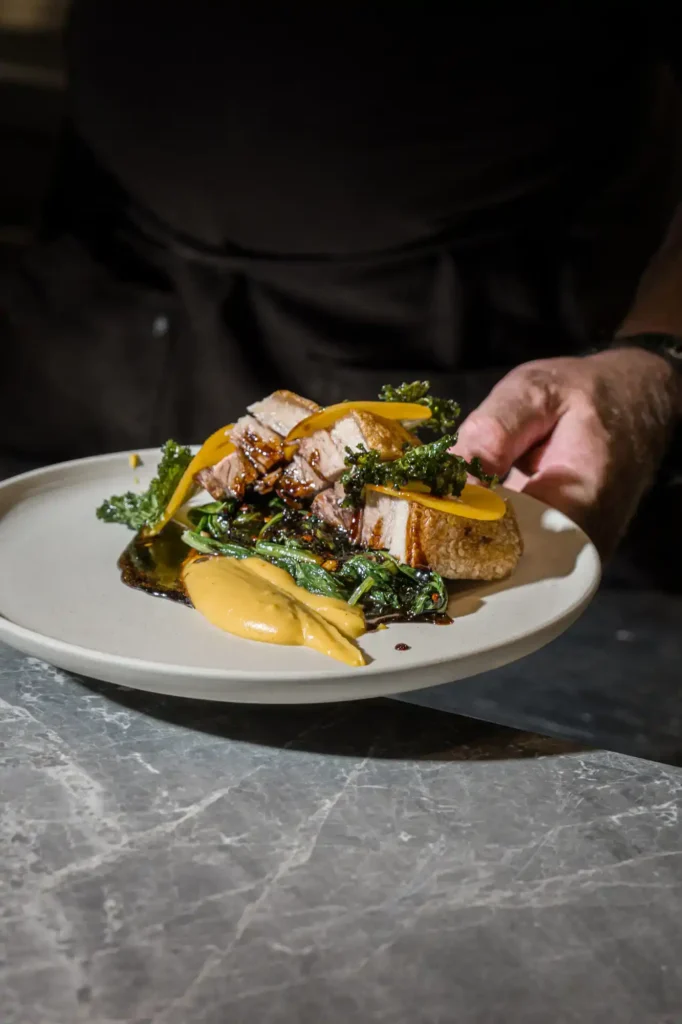 Chilli caramel, miso butternut purée, grilled choy sum, pickled pumpkin